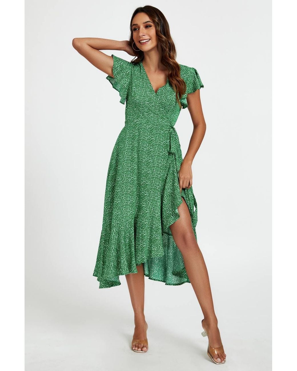 FS Collection Green Floral Frill Sleeve Midi Wrap Dress