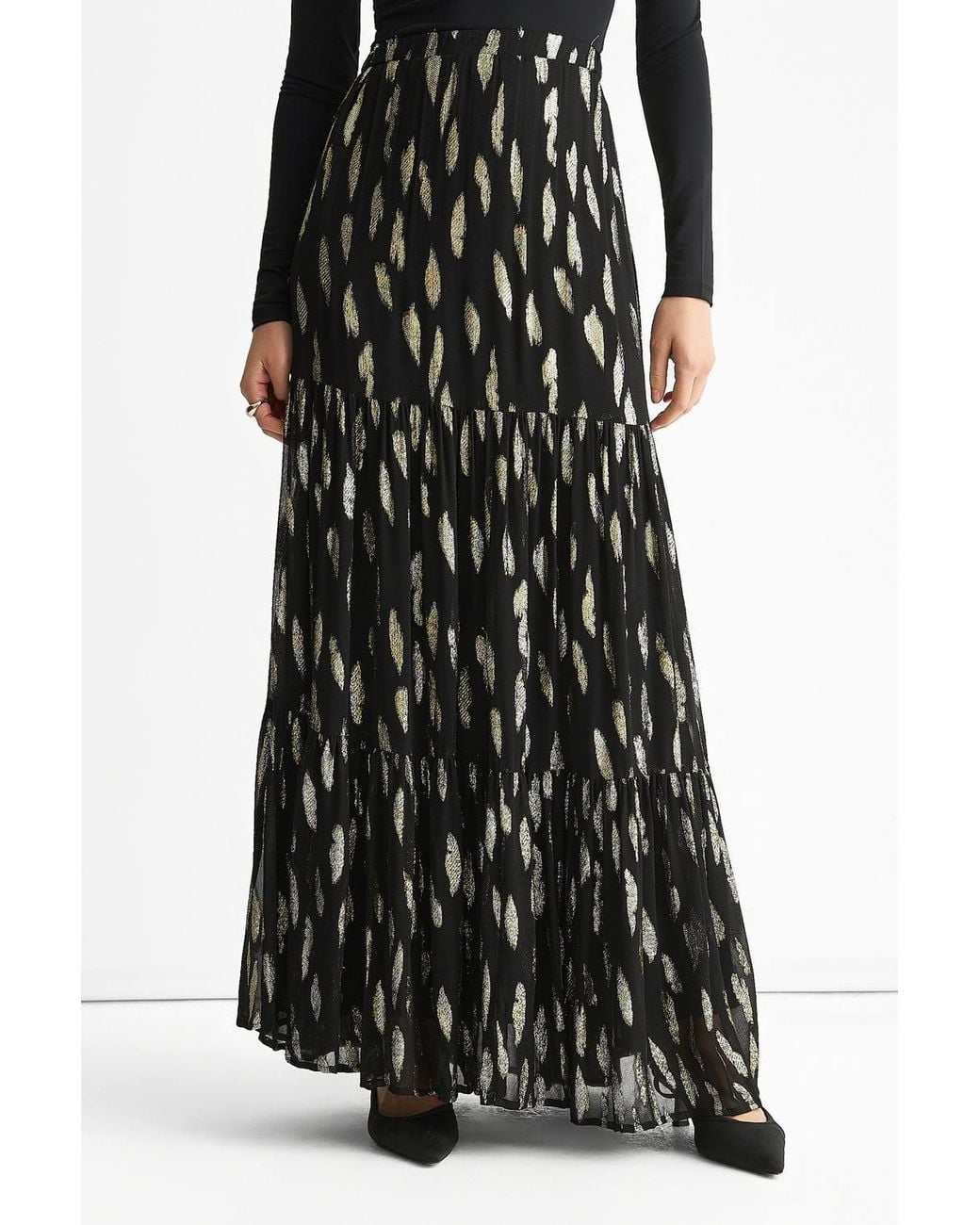 Gini London Black Clipped Jacquard Tiered Maxi Skirt