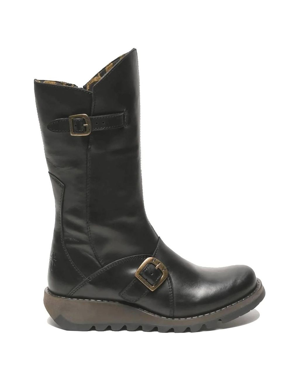 Infinity Leather Black Fly London Mes 2 Wedge Heel Buckle Mid-Calf Leather Zip Platform Boots