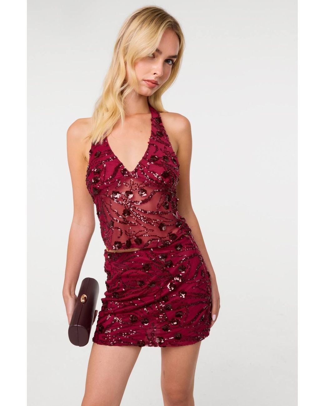 Pink Vanilla Red Floral Sequin Halter Top