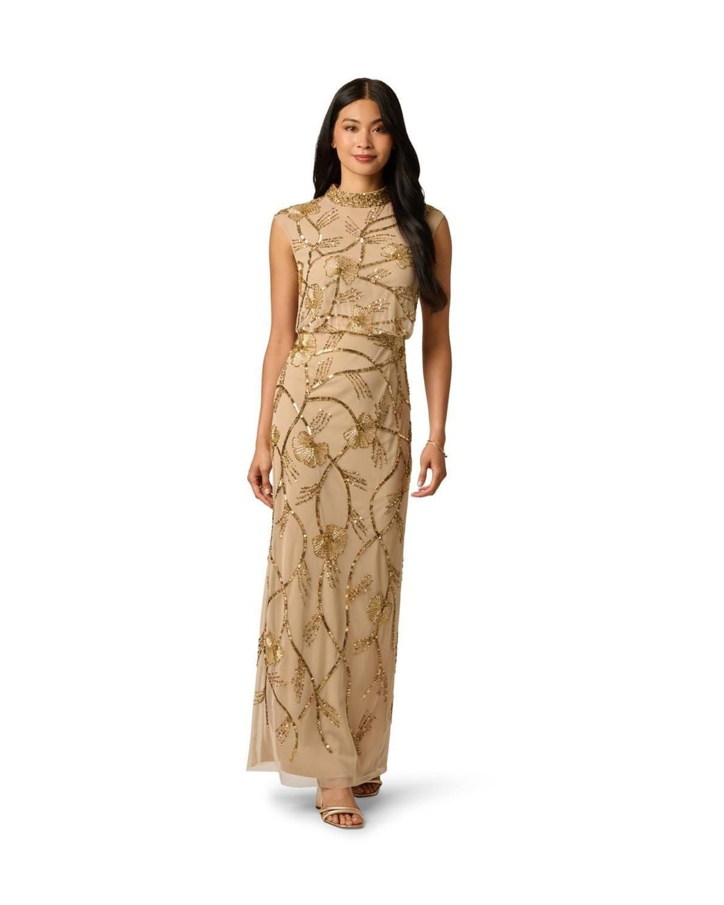 Adrianna Papell Metallic Mock Neck Beaded Long Dress