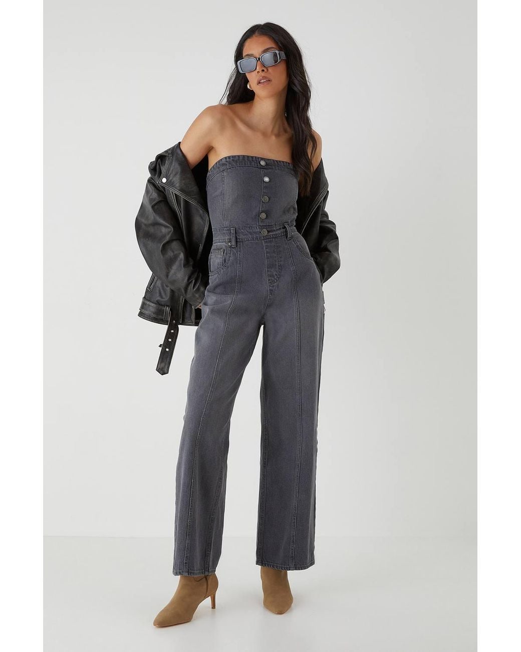 MissPap Gray Denim Button Front Bandeau Jumpsuit