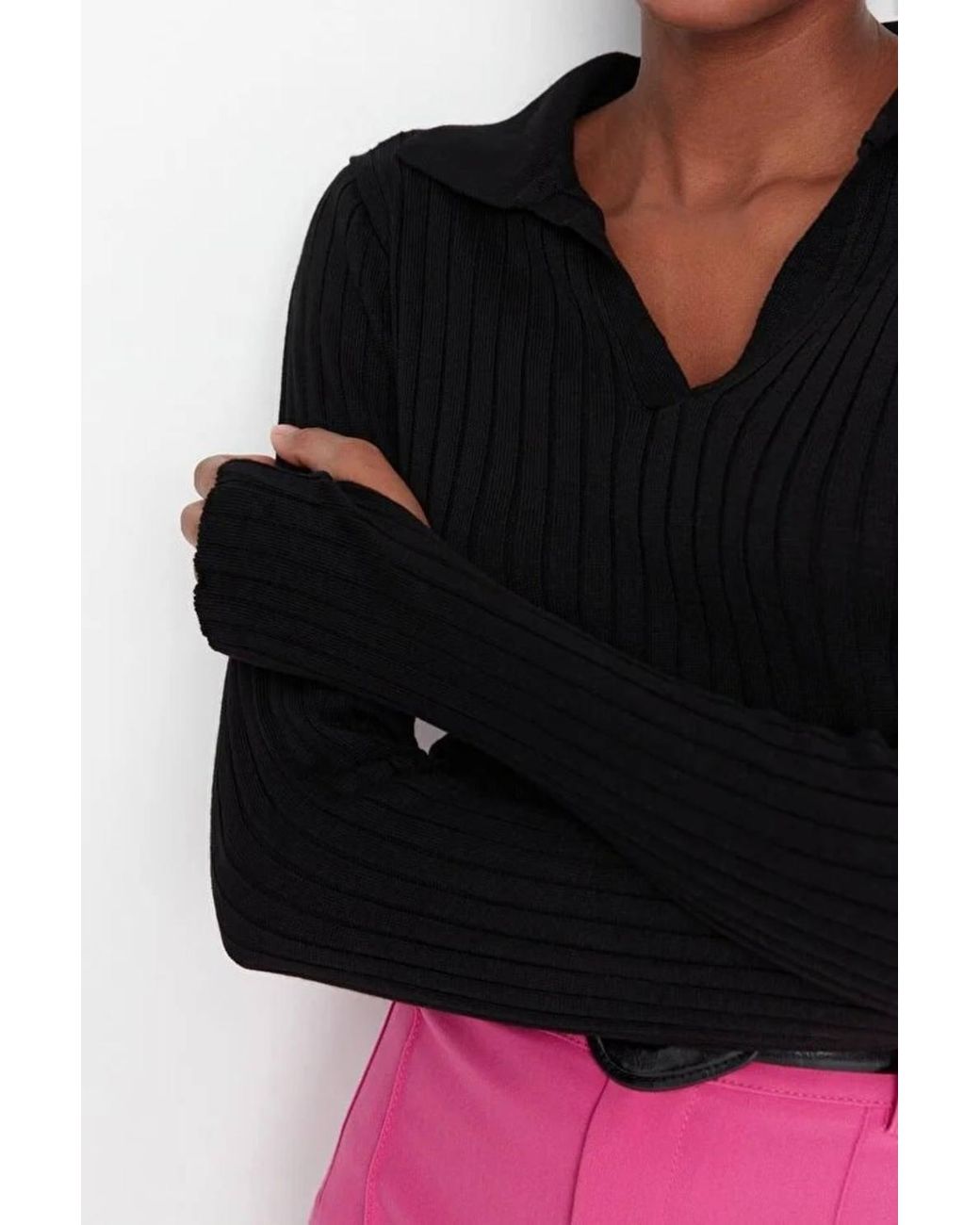 WOVCOR Black Polo Neck Knit Sweater W/ Finger Detail