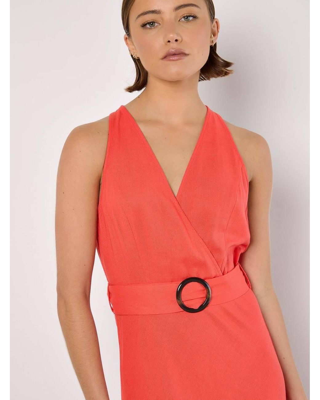 Apricot Red Linen Blend Wrap Midaxi Dress