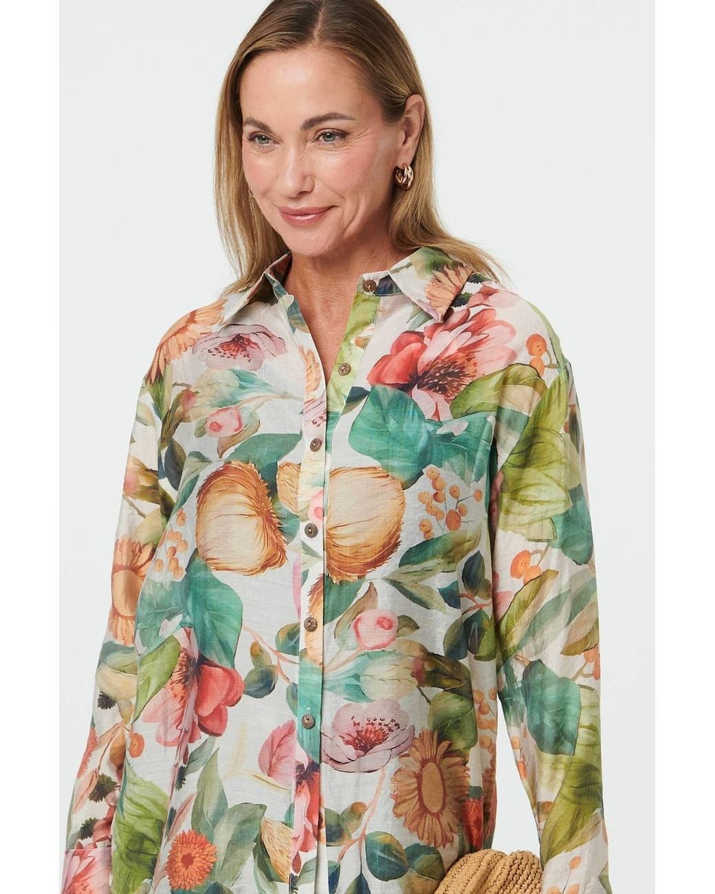 Izabel London Green Floral Long Sleeve Relaxed Fit Shirt