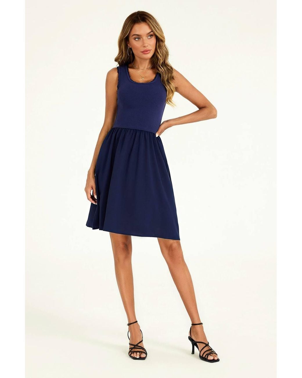 FS Collection Blue Jersey Bodice Cotton Skirt Sleeveless Mini Dress