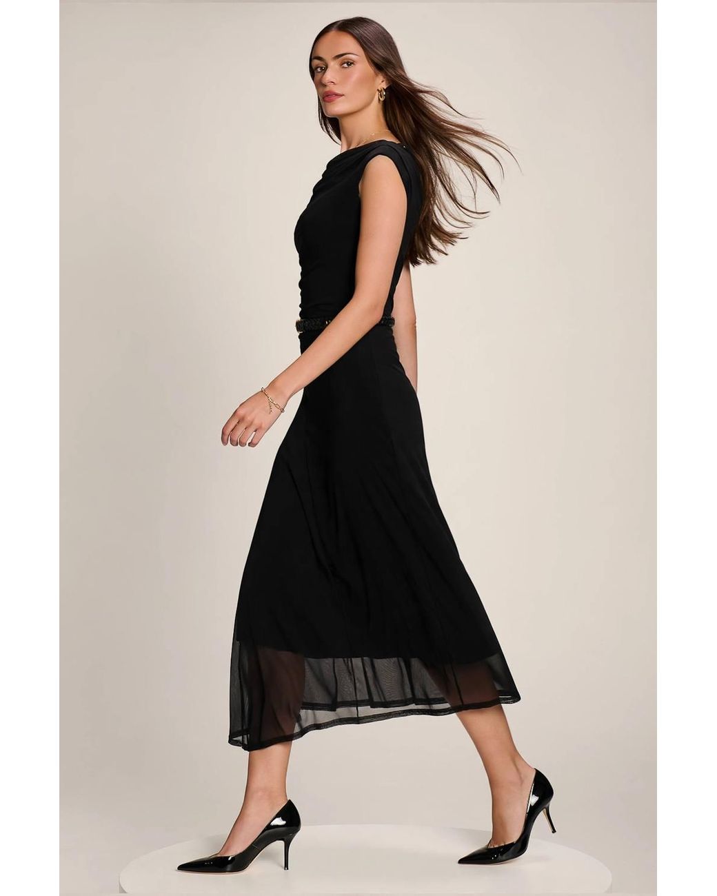 Jolie Moi Black Asymmetric Draped Mesh Maxi Dress