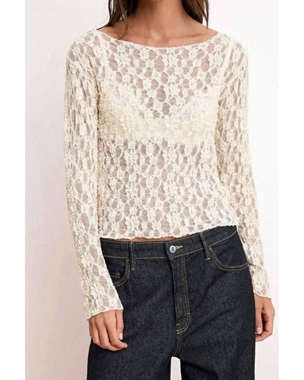 WOVCOR Natural Bardot Neck Lace Detail Fitted Knit Blouse W/ Long Sleeves