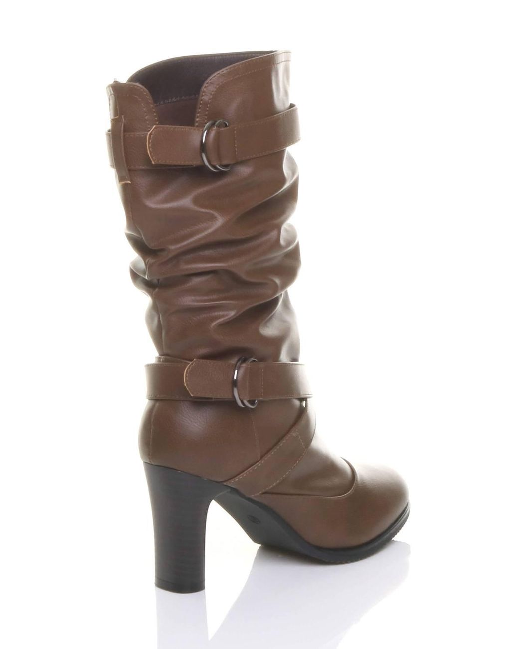 AJVANI Brown High Block Heel Ruched Calf Boots