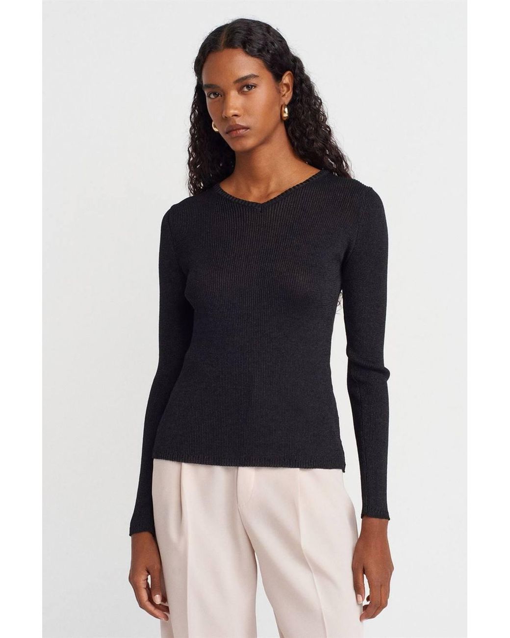 Dilvin Blue Slim Fit V-Neck Ribbed Sweater