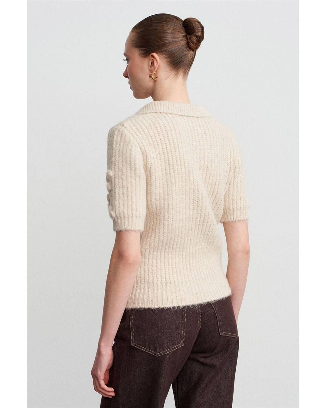 Dilvin Natural Textured Ribbed Polo-Collar Sweater