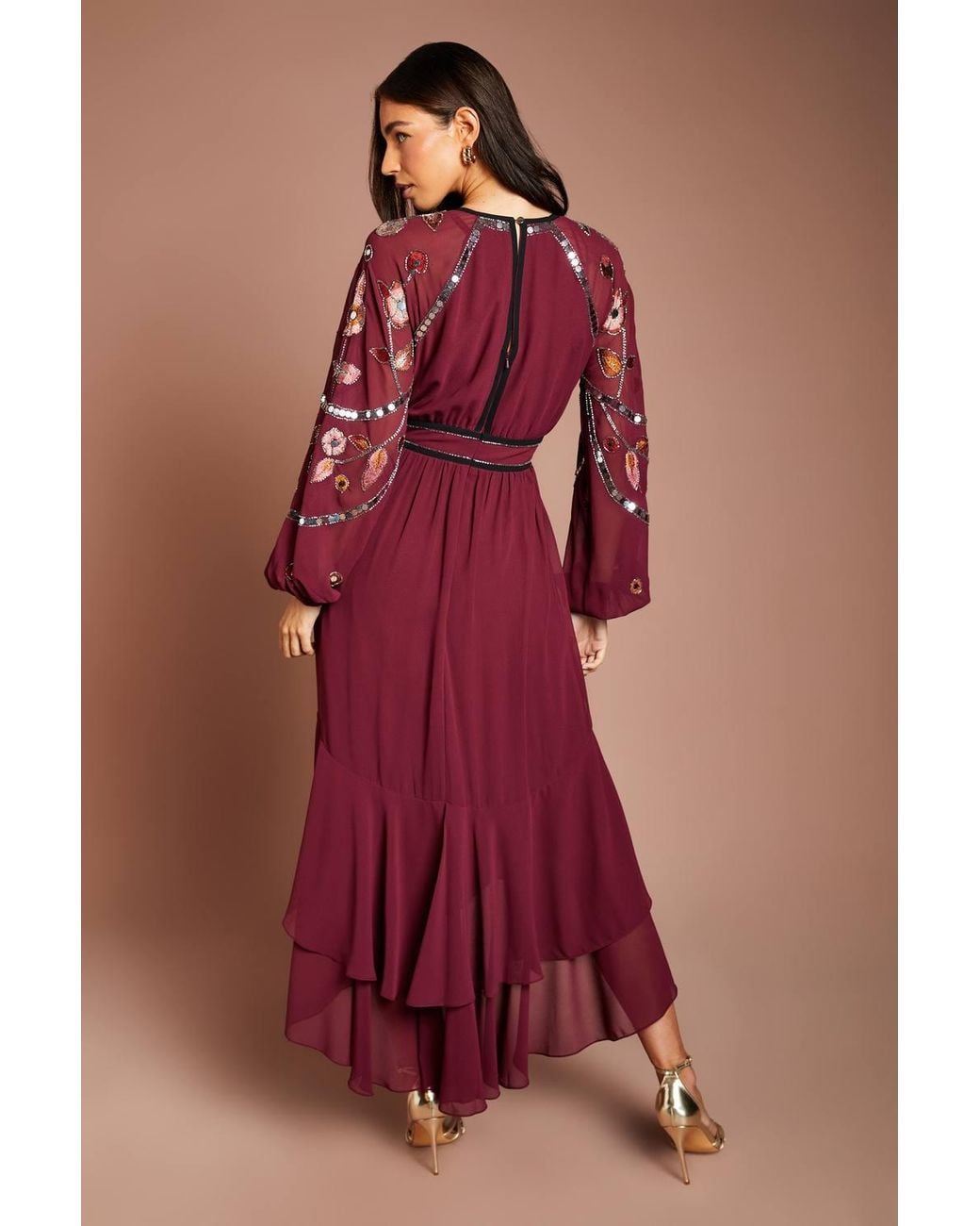 Coast Red Embellished Long Sleeve Midi Dress