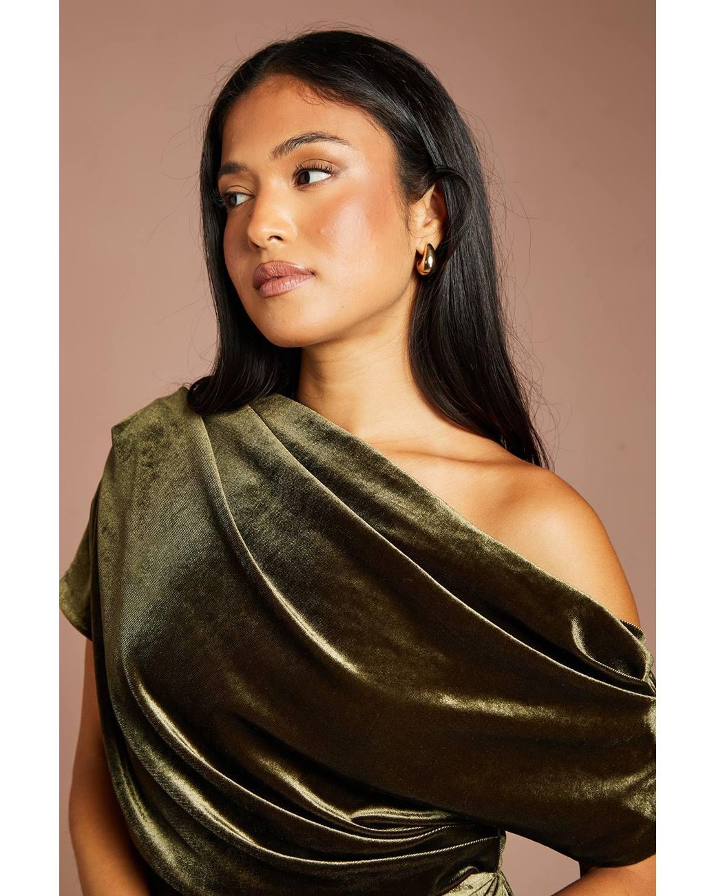 Coast Black Petite One Shoulder Ruched Detail Velvet Maxi Dress