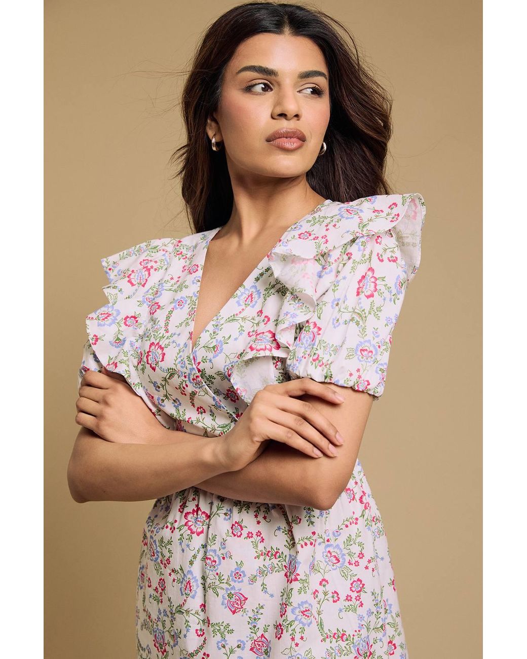 Dorothy Perkins Natural Petite Ruffle Shoulder Puff Sleeve Poplin Mini Dress