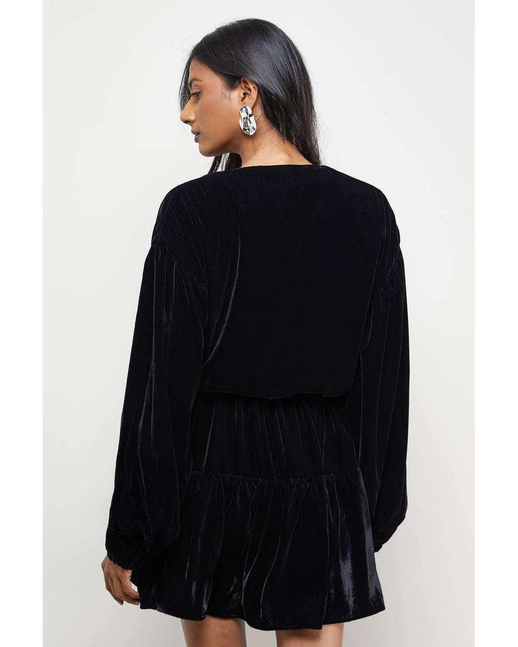 Warehouse Black Velvet Wrap Mini Smock Dress