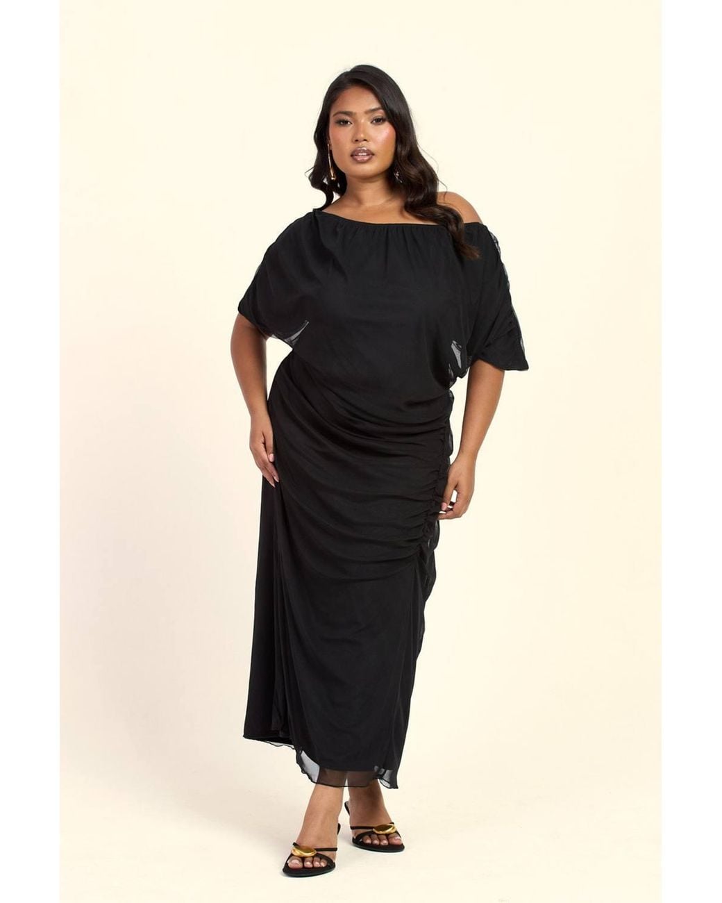 FASHION-SZN Black Curve Drop Shoulder Ruched Mesh Midaxi Dress
