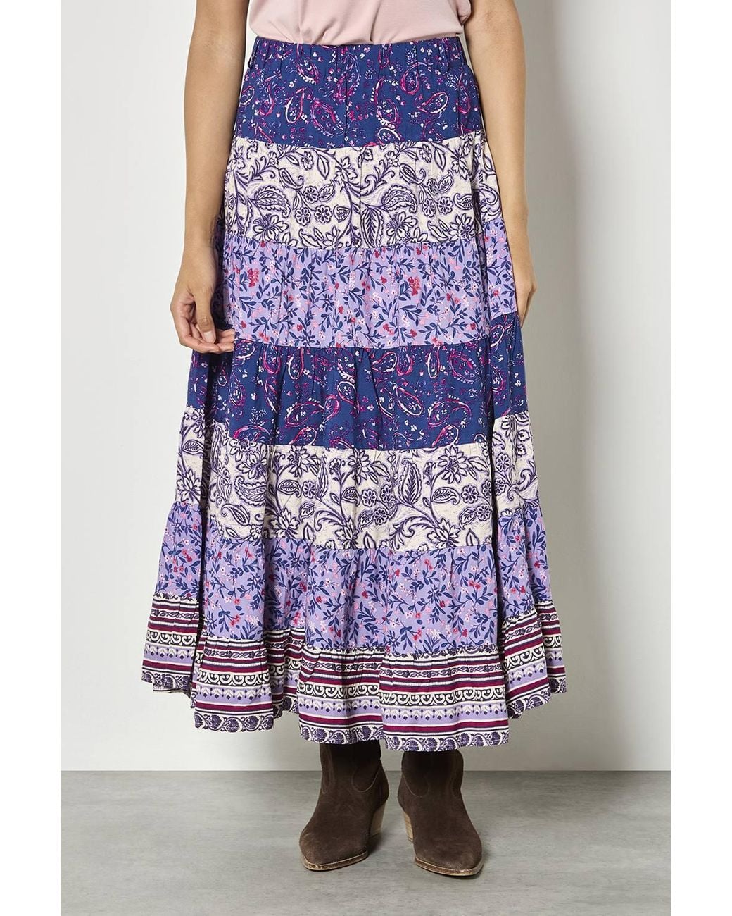 Apricot Purple Patchwork Print Tiered Maxi Skirt