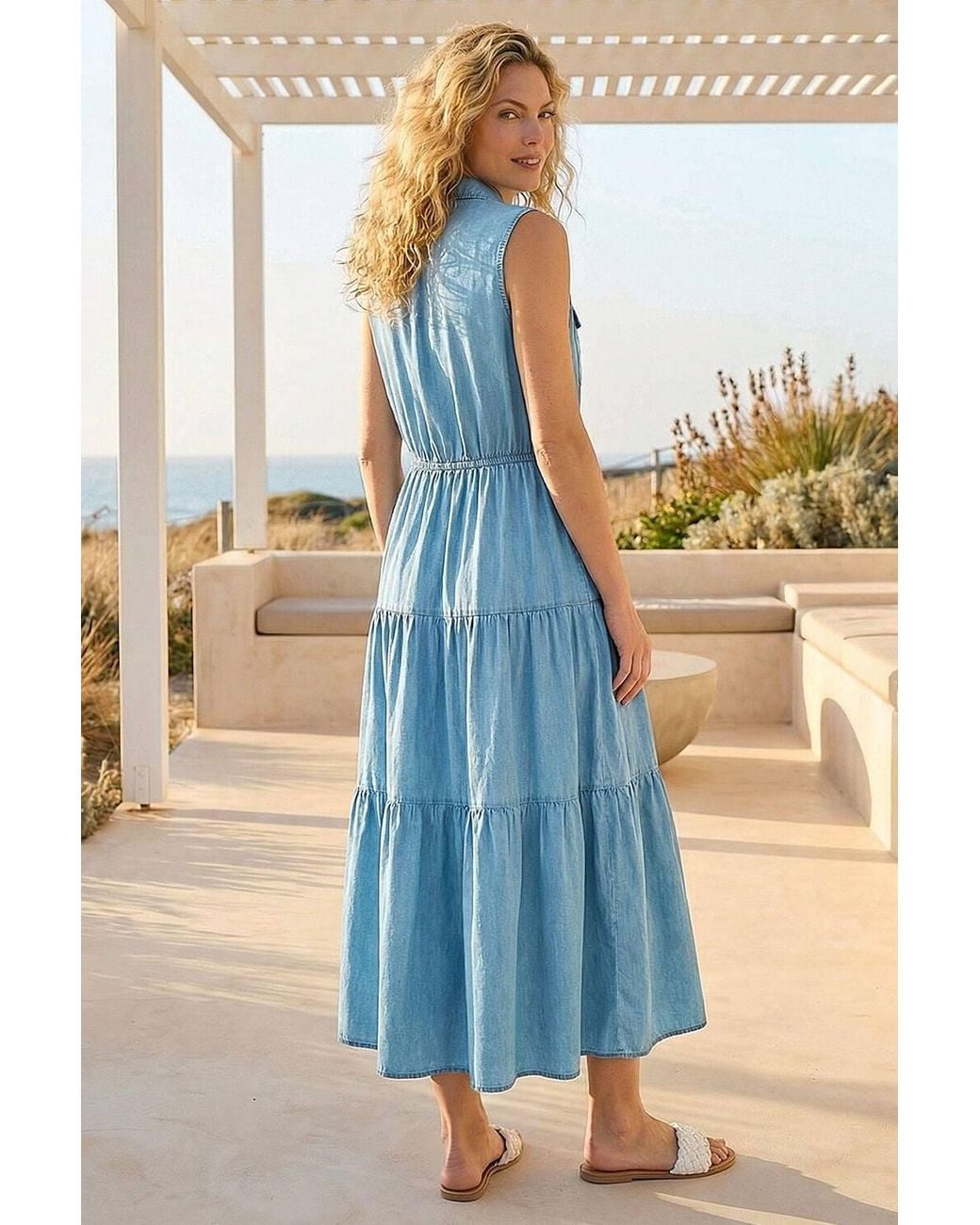 Roman Blue Collared Tiered Maxi Dress