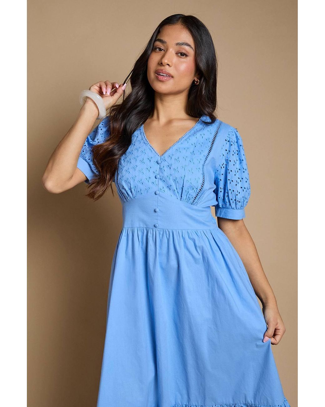Dorothy Perkins Blue Petite Broderie Lace Trim Puff Sleeve Tiered Poplin Maxi Dress