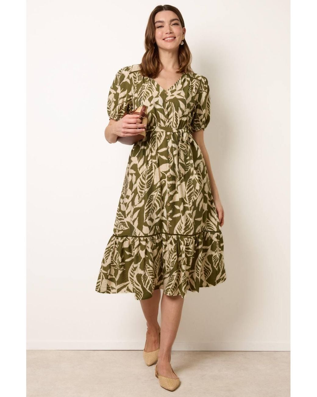Blue Vanilla Green Elasticated Waist Short Sleeve V-Neck Midi Dress