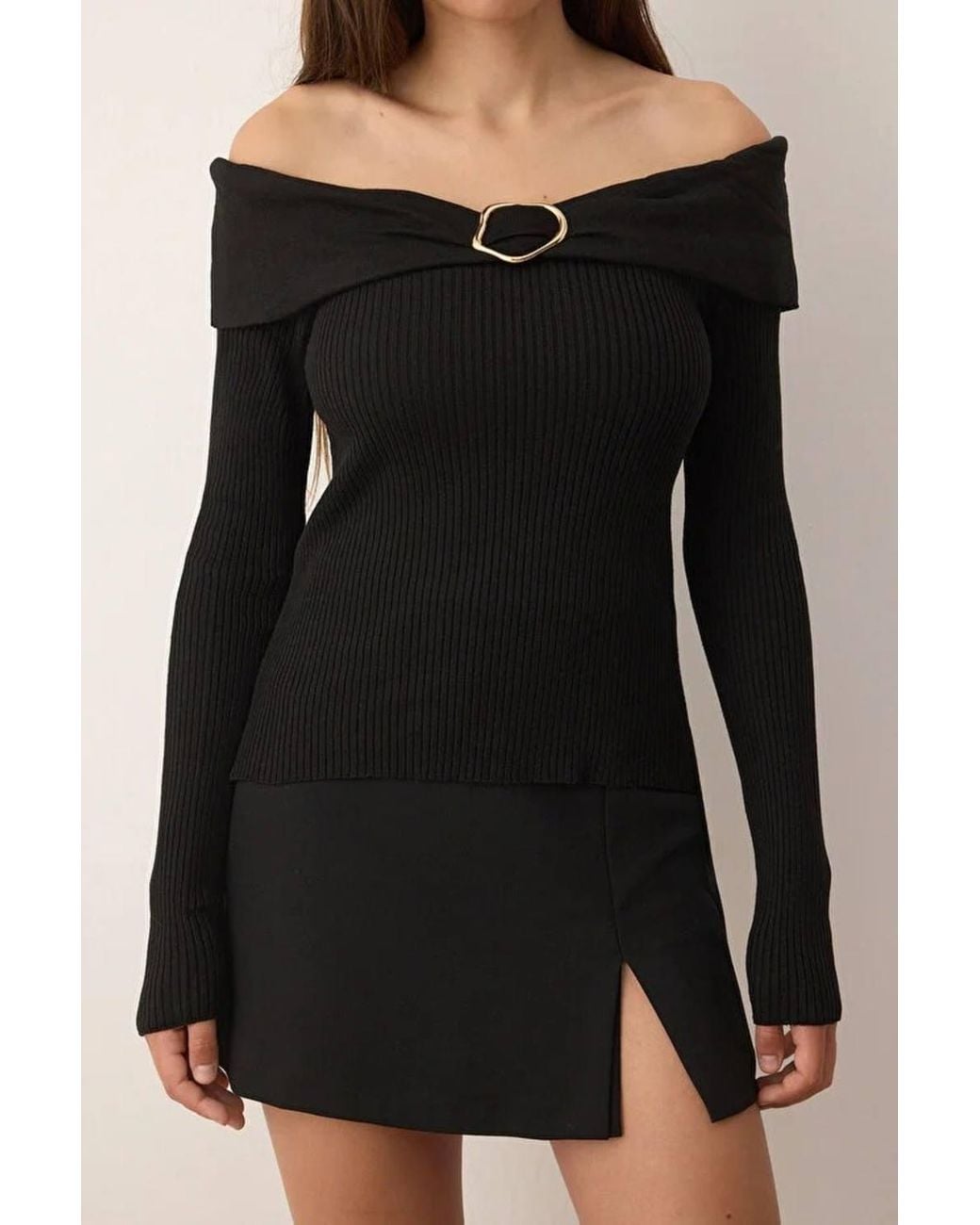 WOVCOR Black Off-Shoulder Rib Knit Jumper W/ Ring Detail