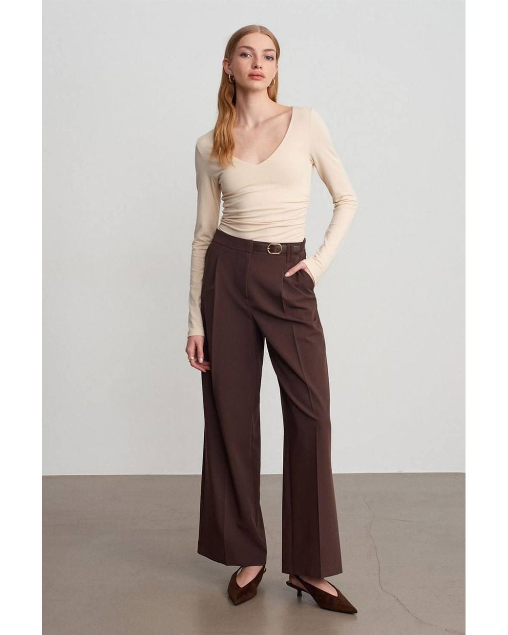 Dilvin Brown Wide-Leg Belted Crepe Trousers