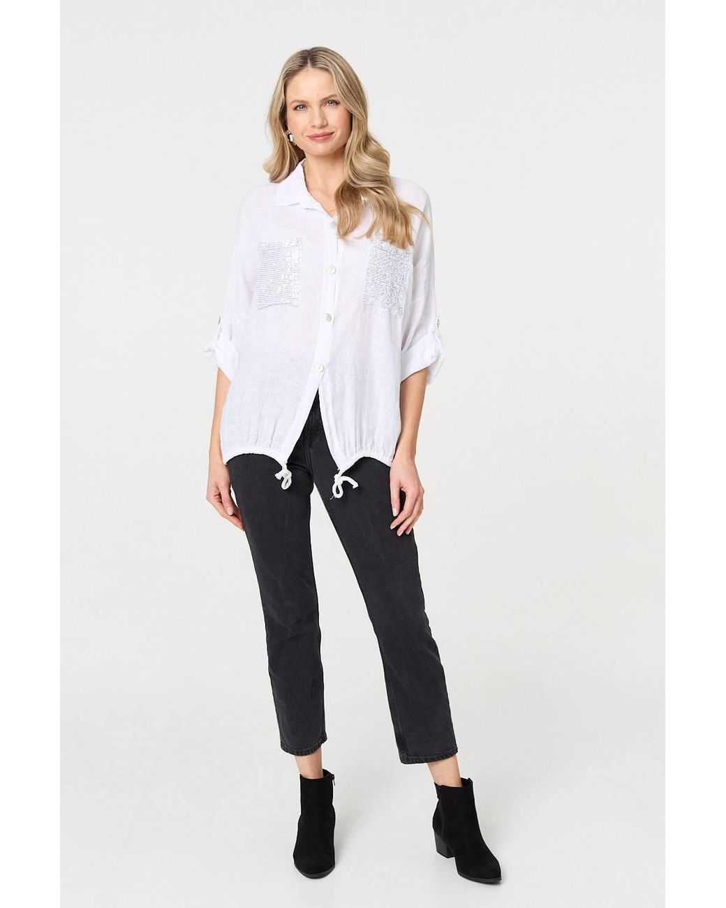 Izabel London White Sequin Detail 3/4 Turn-Up Sleeve Shirt