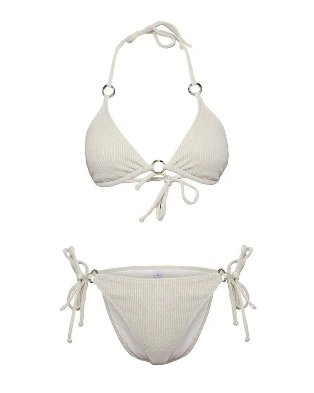 WOVCOR Natural Textured Triangle Bikini Set W/ Ring Detail & Tie Side Bottom