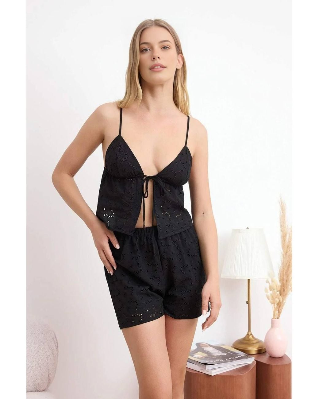 WOVCOR Black Floral Embroidered Lined Cami Top & Shorts Pyjama Set