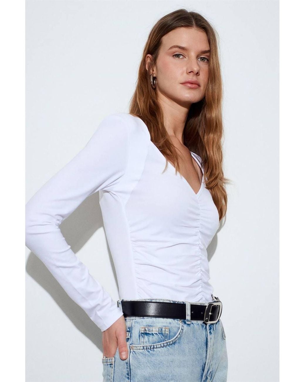 Dilvin White Slim Fit V-Neck Jersey Blouse