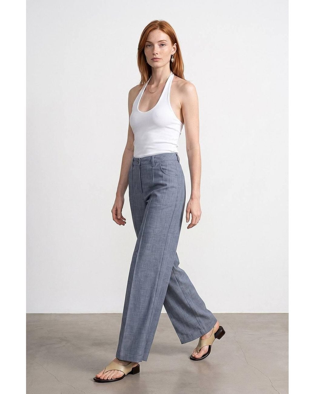 Dilvin White High-Waist Wide-Leg Pleated Trousers