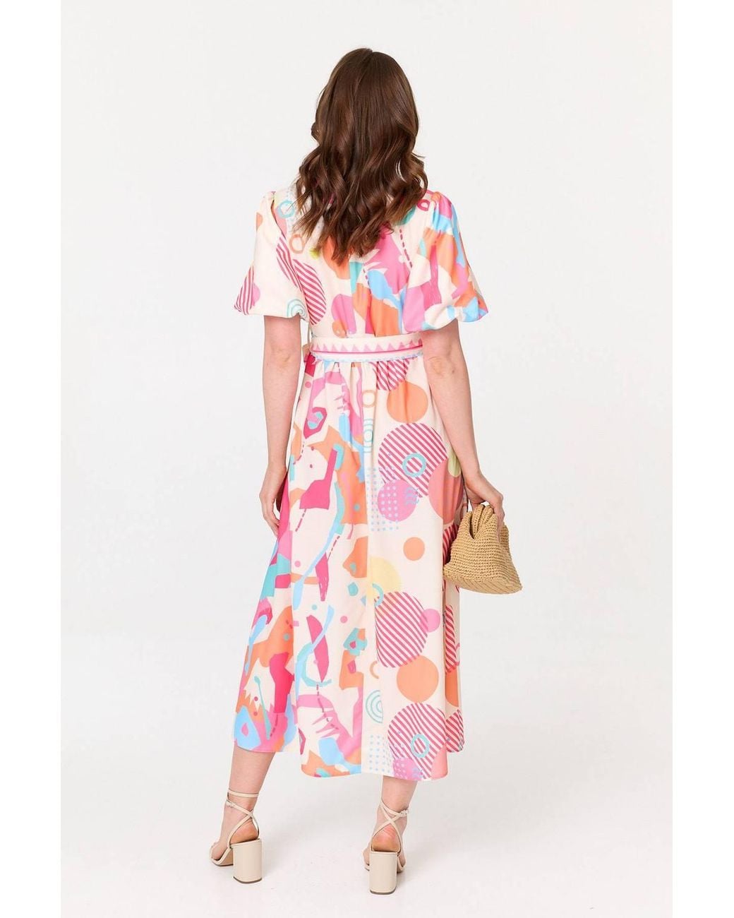 Izabel London Pink Abstract Short Puff Sleeve Midi Dress