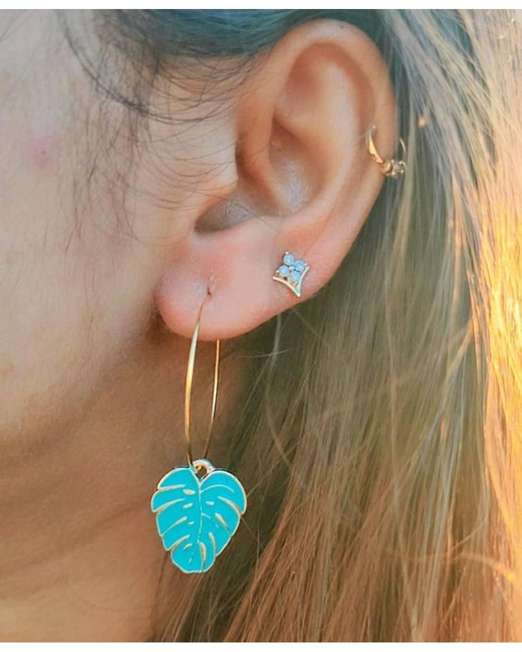 The Colourful Aura Green Leaf Charm Dangle Floral Huggie Hoop Earrings