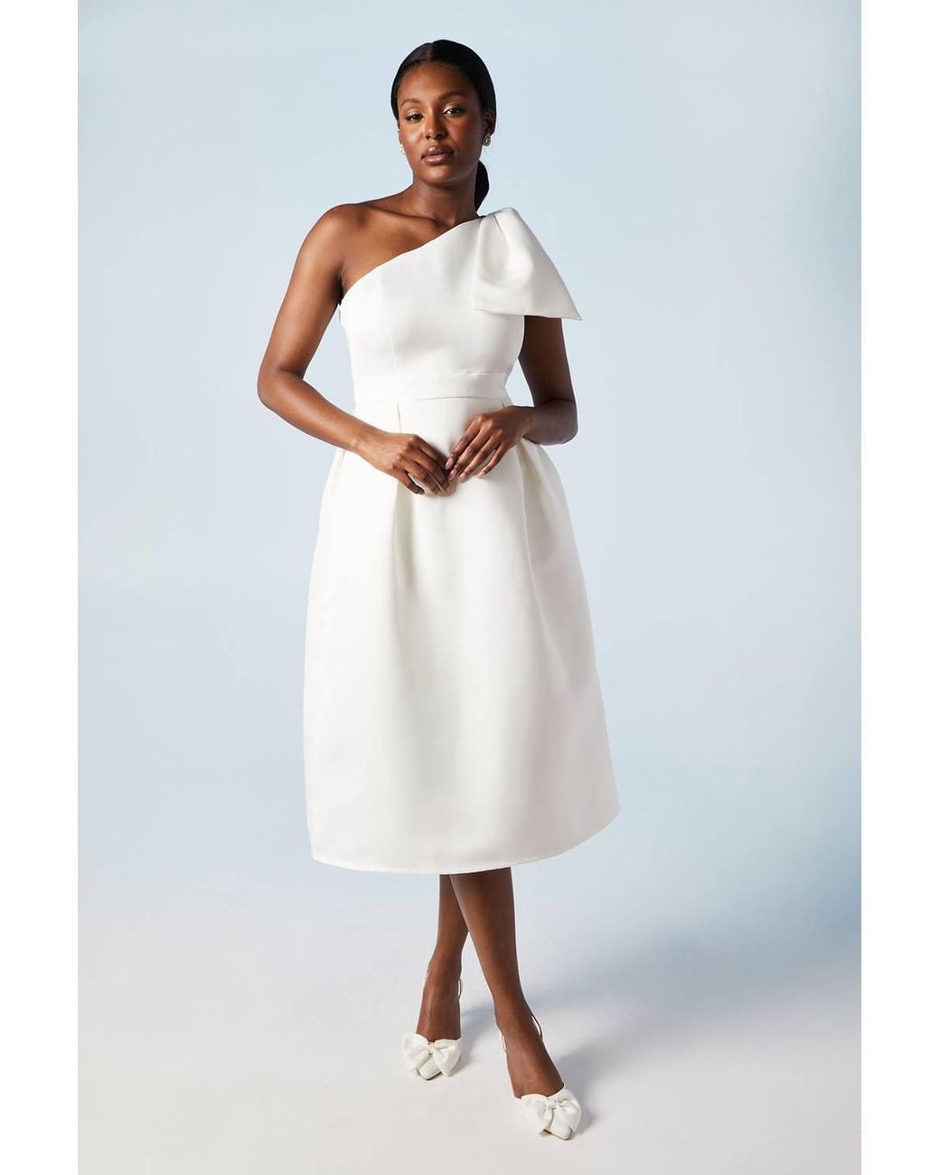 Coast White Statement Bow One Shoulder Midi Wedding Dress