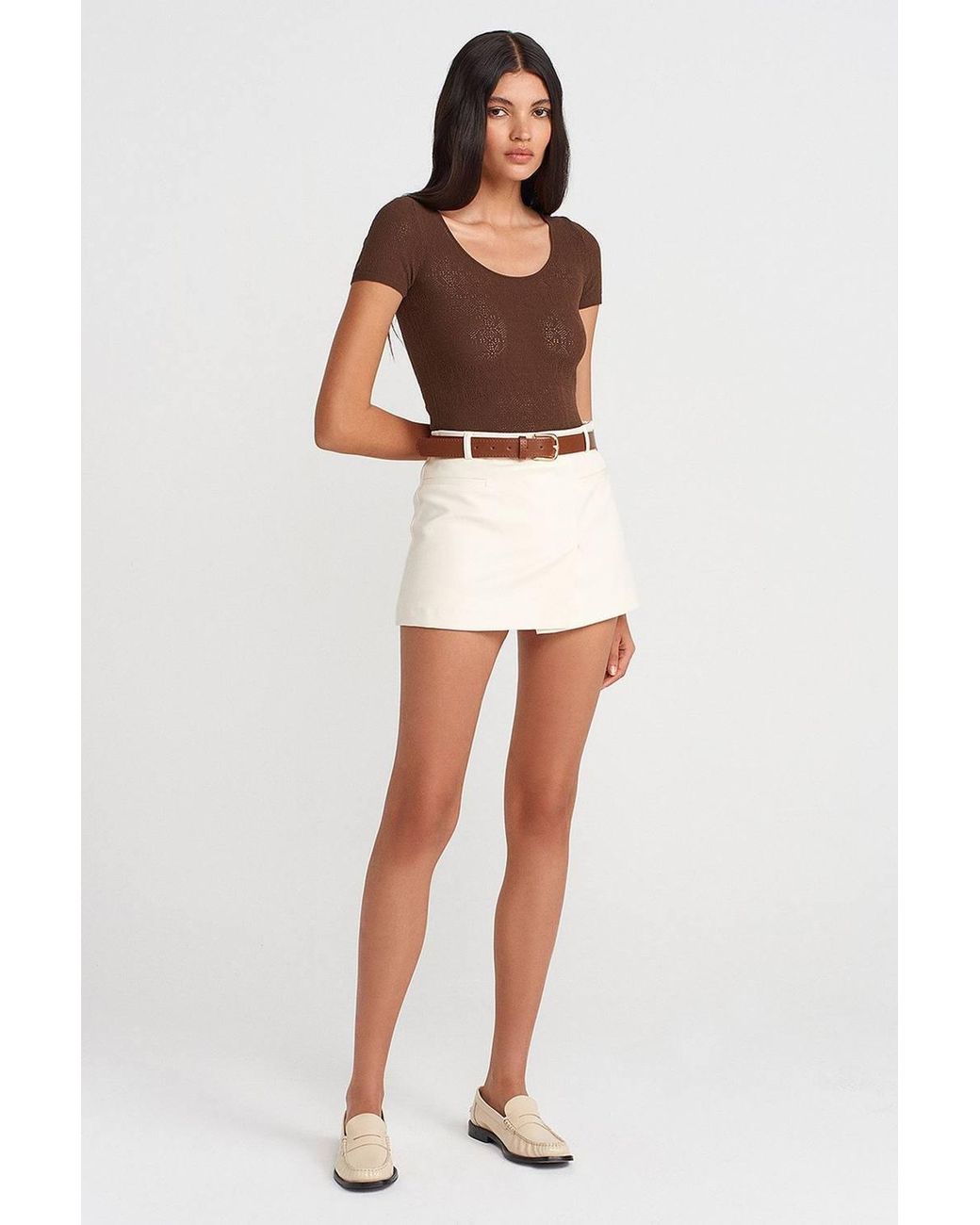Dilvin Brown Slim Fit Ribbed Textured Blouse