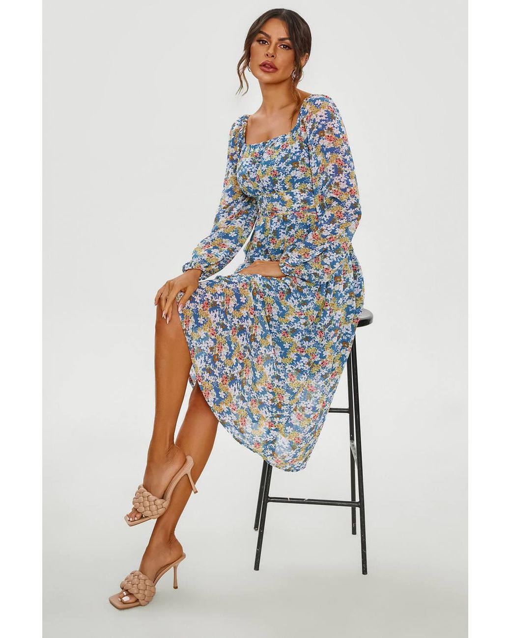 FS Collection Blue Floral Print Long Sleeve Maxi Dress