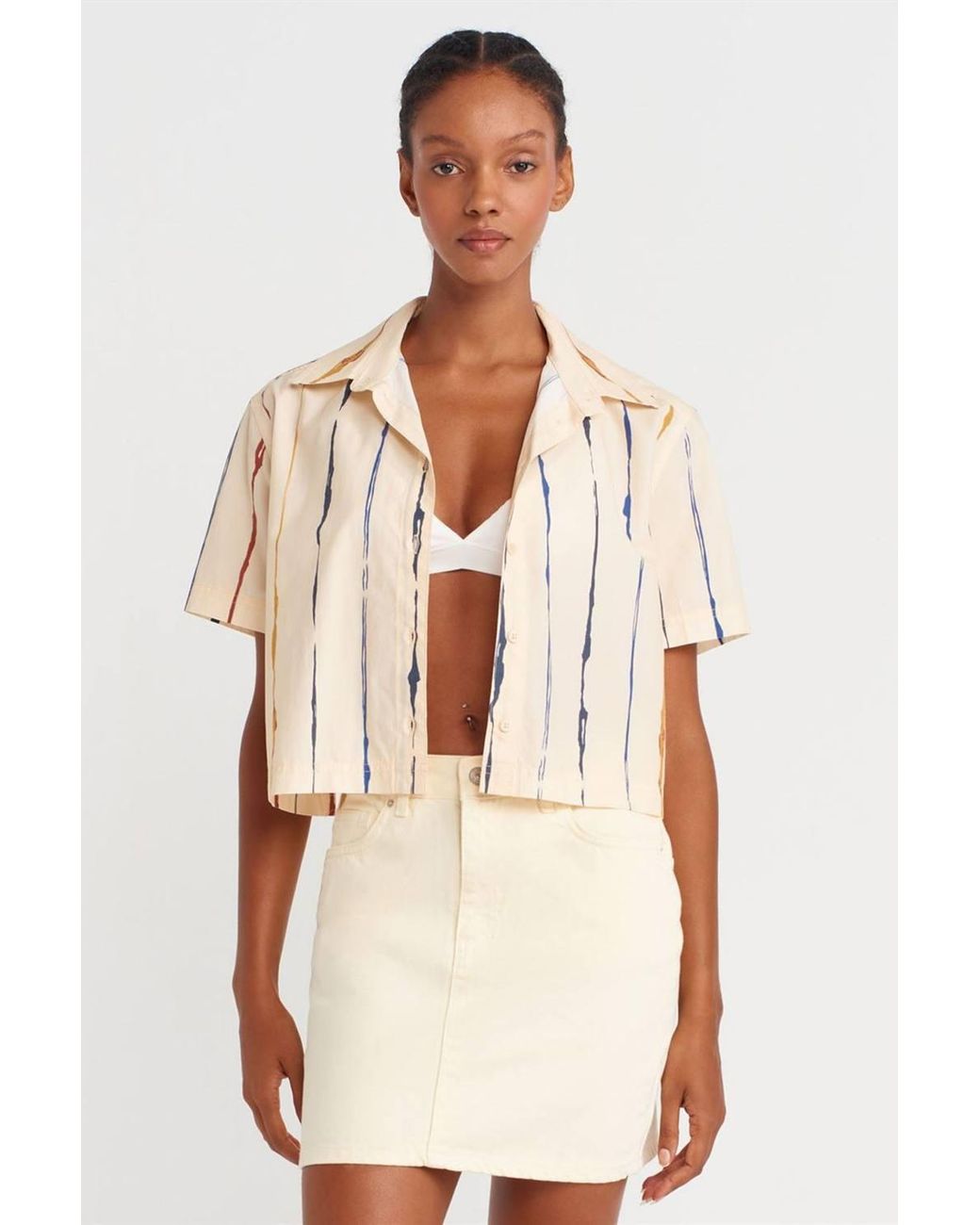 Dilvin Natural Striped Crop Shirt