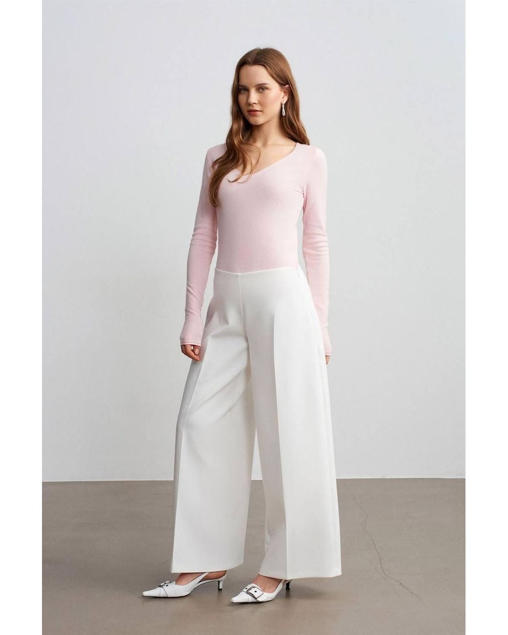Dilvin White High-Waist Wide-Leg Crepe Trousers