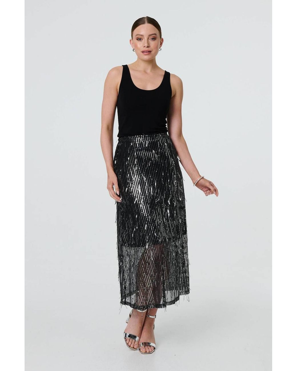 Izabel London Blue Sparkly Striped Mesh Layer Midi Skirt