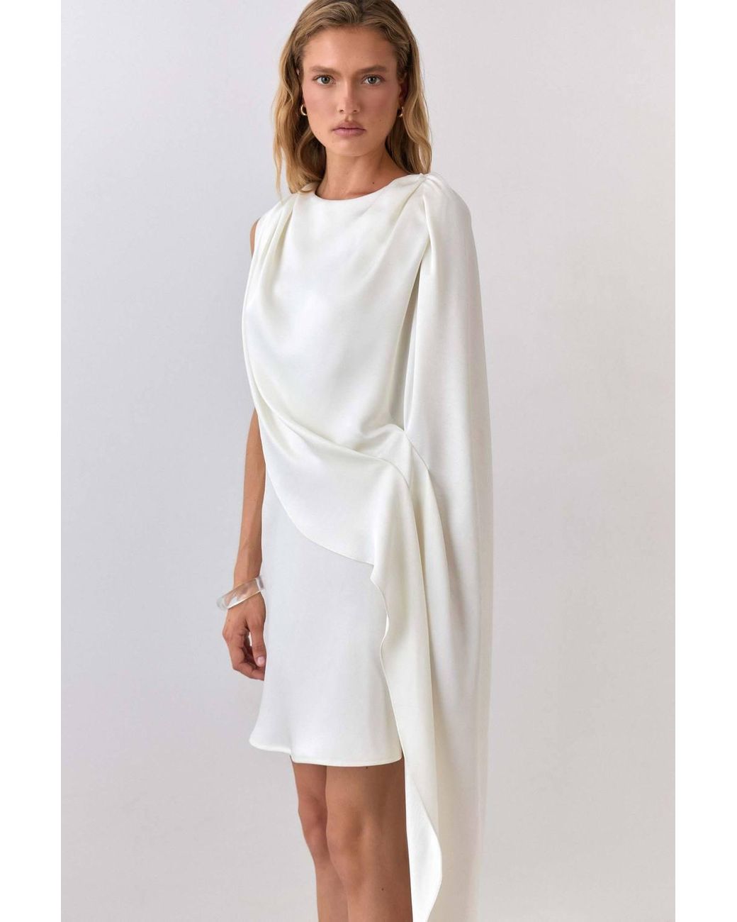 Warehouse Natural Premium Satin Draped Cape Mini Dress