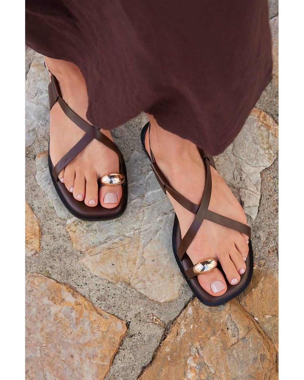 Linzi Brown Mist Toe Ring Flat Sandals