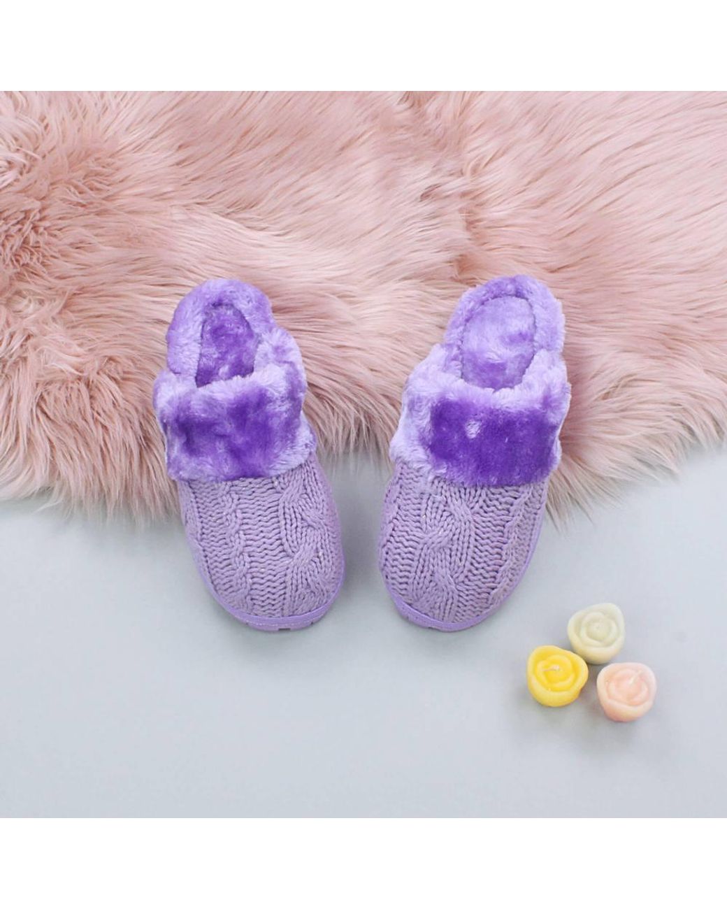 AJVANI Purple Flat Heel Mule Glitter Cable Knit Slippers