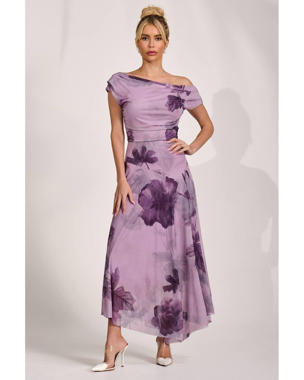Jolie Moi Pink Asymmetrical Draped Mesh Maxi Dress