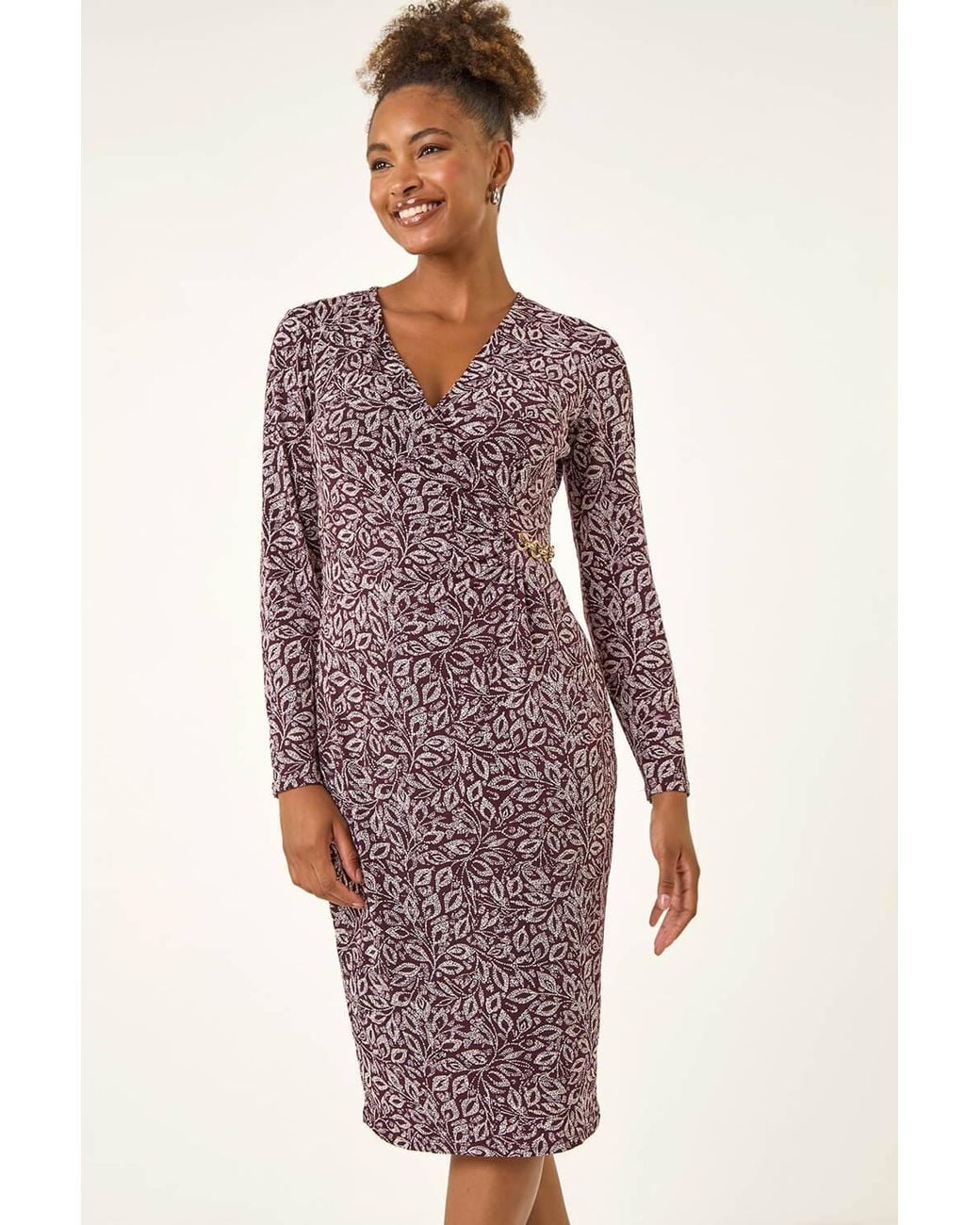 Roman Purple Leaf Print Chain Detail Midi Dress