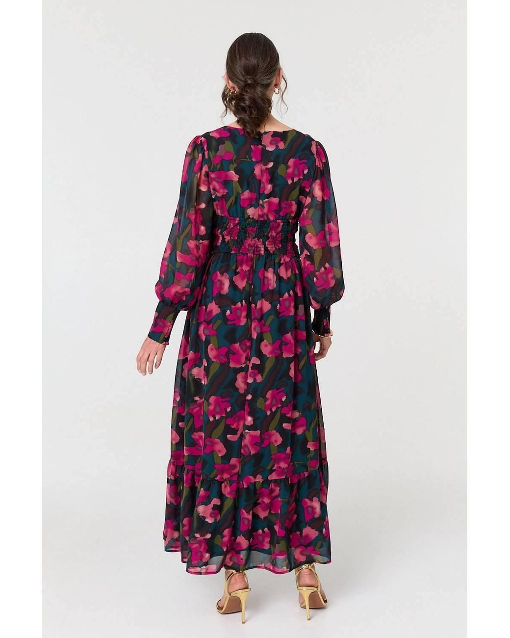 Izabel London Red Floral Ruched Long Sleeve Maxi Dress