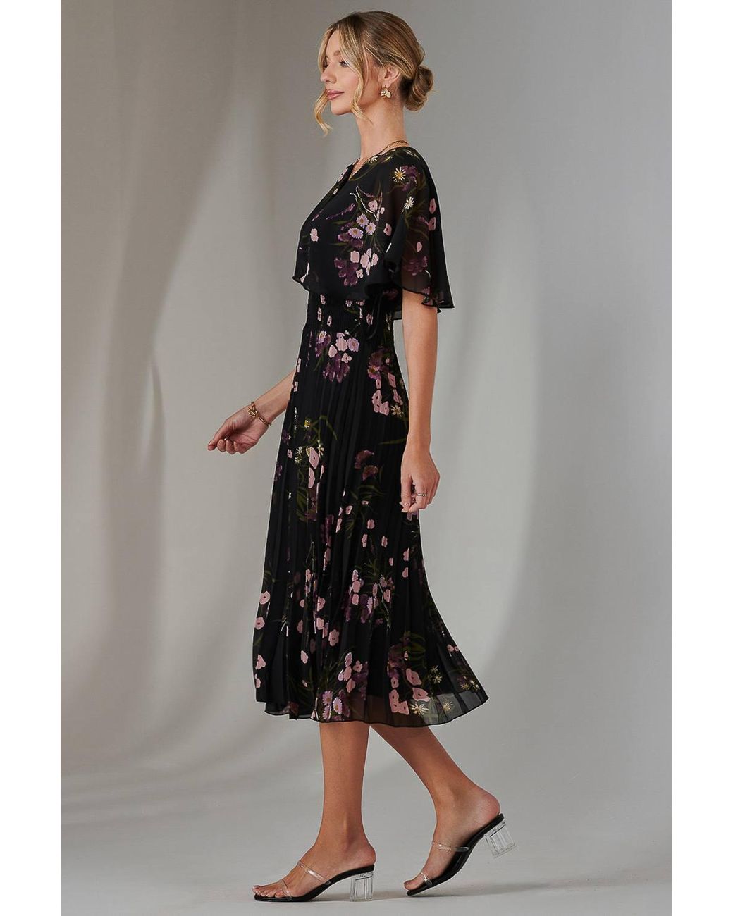 Jolie Moi Pink Floral Print Chiffon Pleated Dress