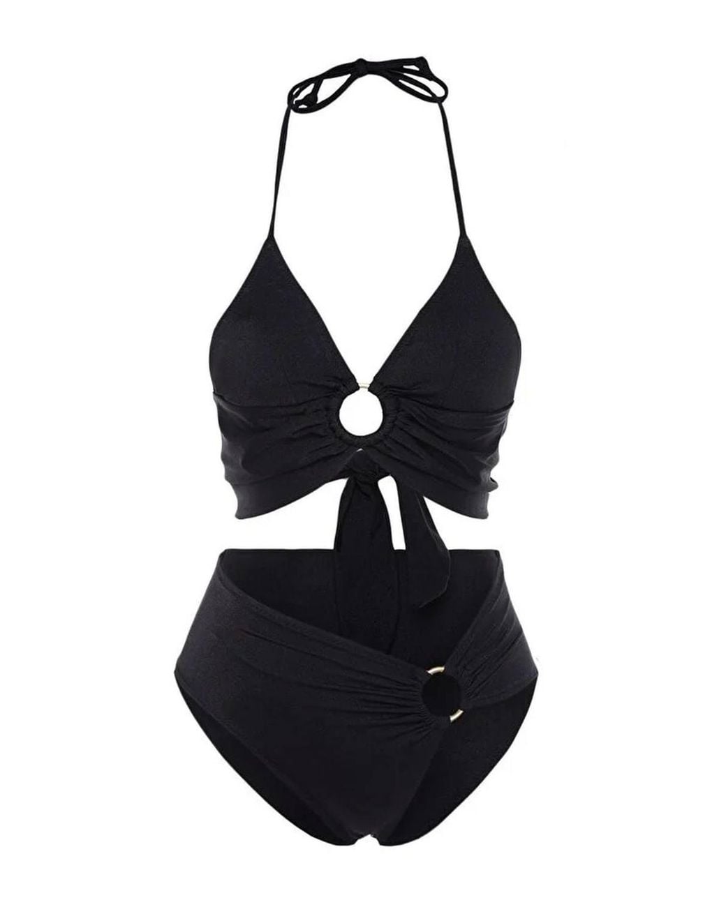 WOVCOR Black Halterneck Ring Detail Ruched Bikini Set