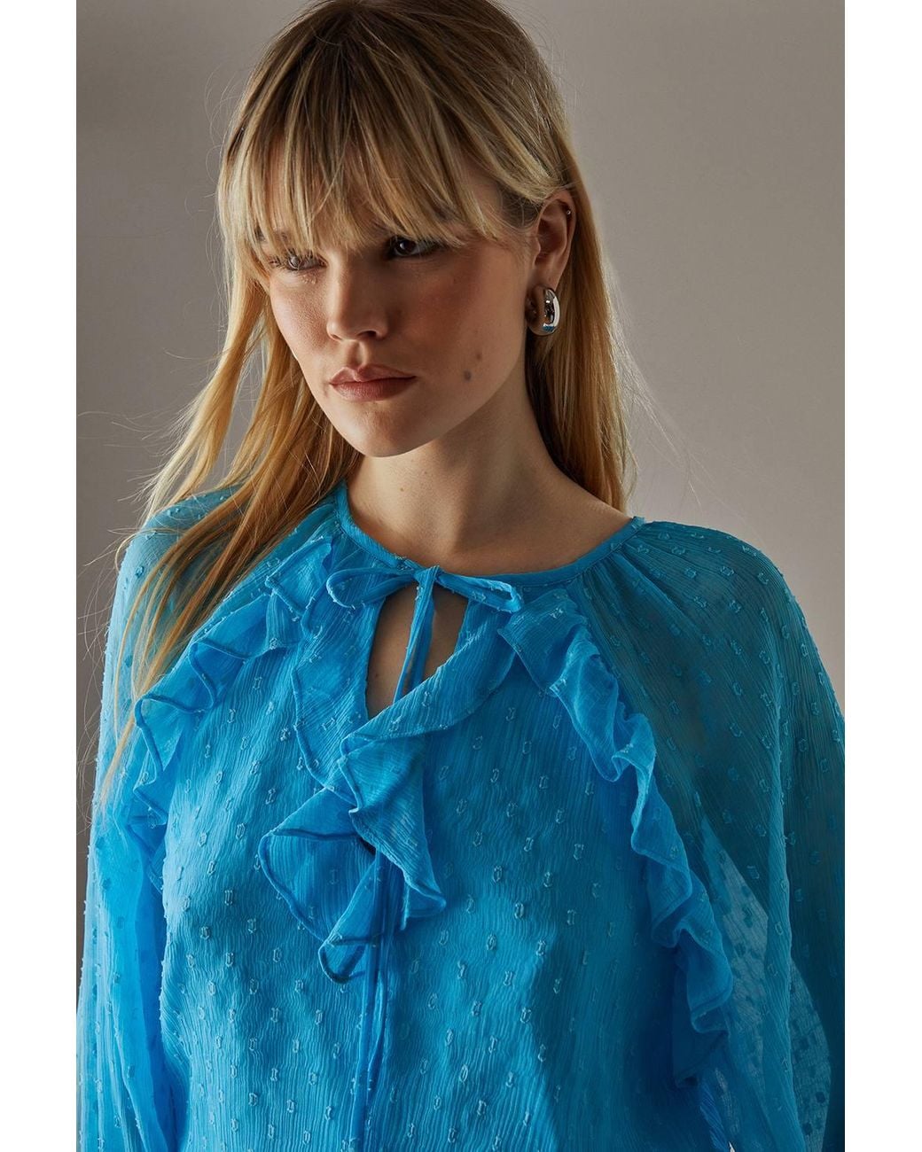 Warehouse Blue Marble Dobby Chiffon Ruffle Blouson Romper