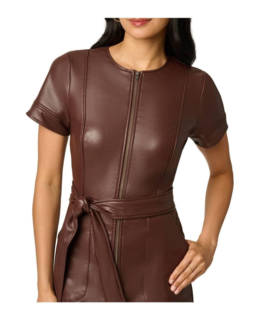 Adrianna Papell Brown Leather Zip Front Dress