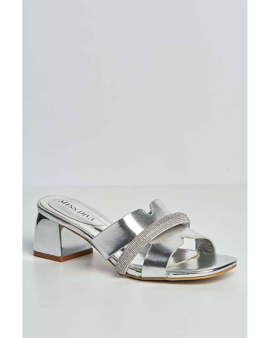 Miss Diva Gray Vivian Cutout Diamante Band Block Heel Mules